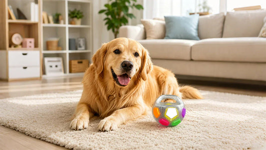 Calm dog relaxing after playing with Furongpet chew ball.