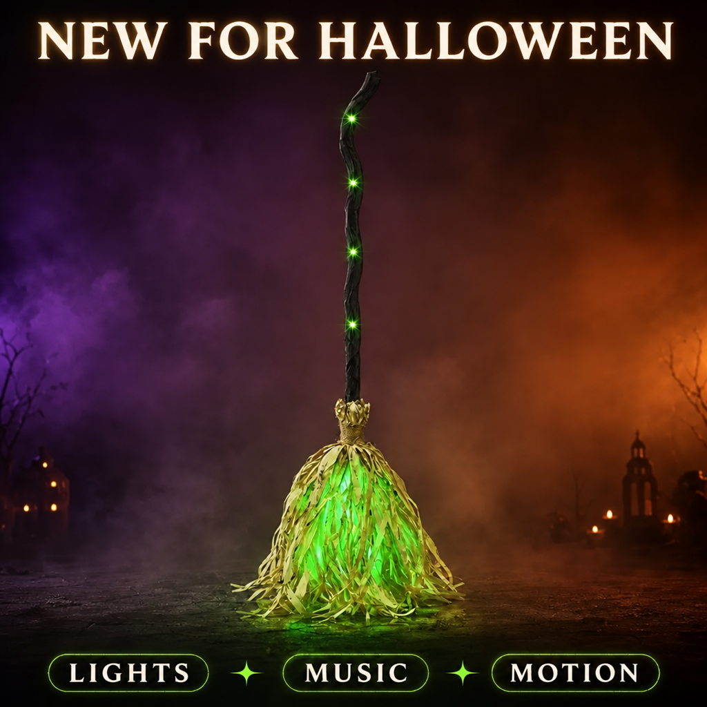 Animated Witch Broom 🧹, Self‑Moving Halloween Prop with LED Light & Spooky Sound for Party & Porch