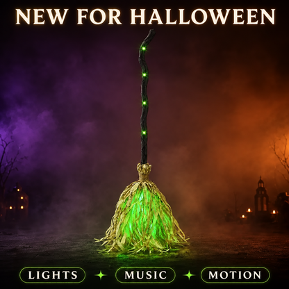 Animated Witch Broom 🧹, Self‑Moving Halloween Prop with LED Light & Spooky Sound for Party & Porch
