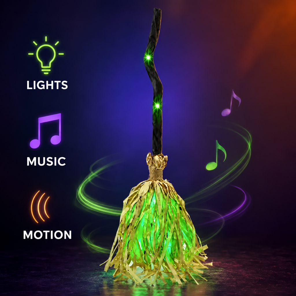 Animated Witch Broom 🧹, Self‑Moving Halloween Prop with LED Light & Spooky Sound for Party & Porch