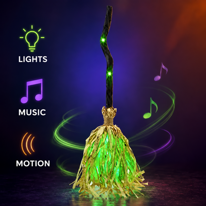 Animated Witch Broom 🧹, Self‑Moving Halloween Prop with LED Light & Spooky Sound for Party & Porch