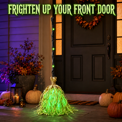 Animated Witch Broom 🧹, Self‑Moving Halloween Prop with LED Light & Spooky Sound for Party & Porch