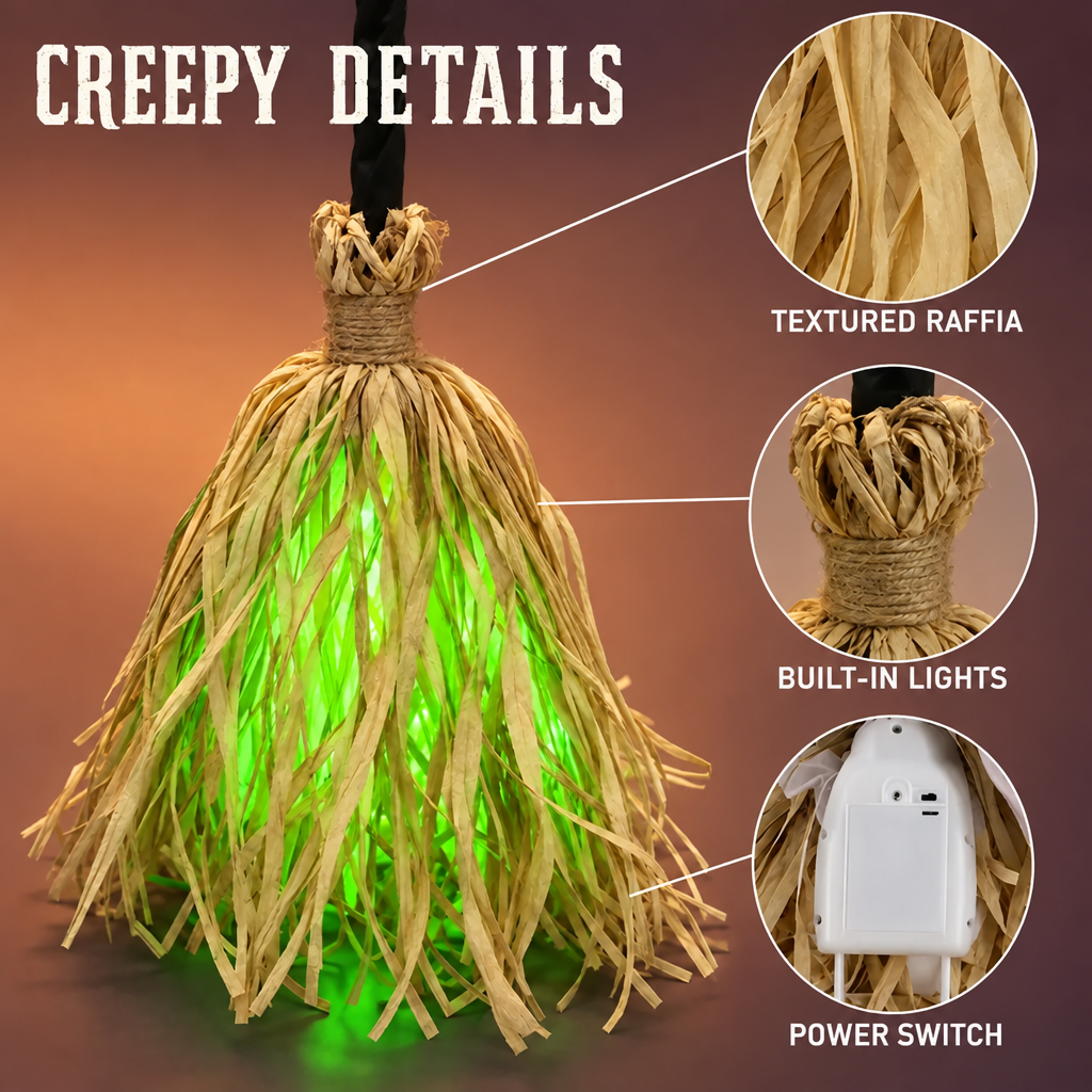 Animated Witch Broom 🧹, Self‑Moving Halloween Prop with LED Light & Spooky Sound for Party & Porch