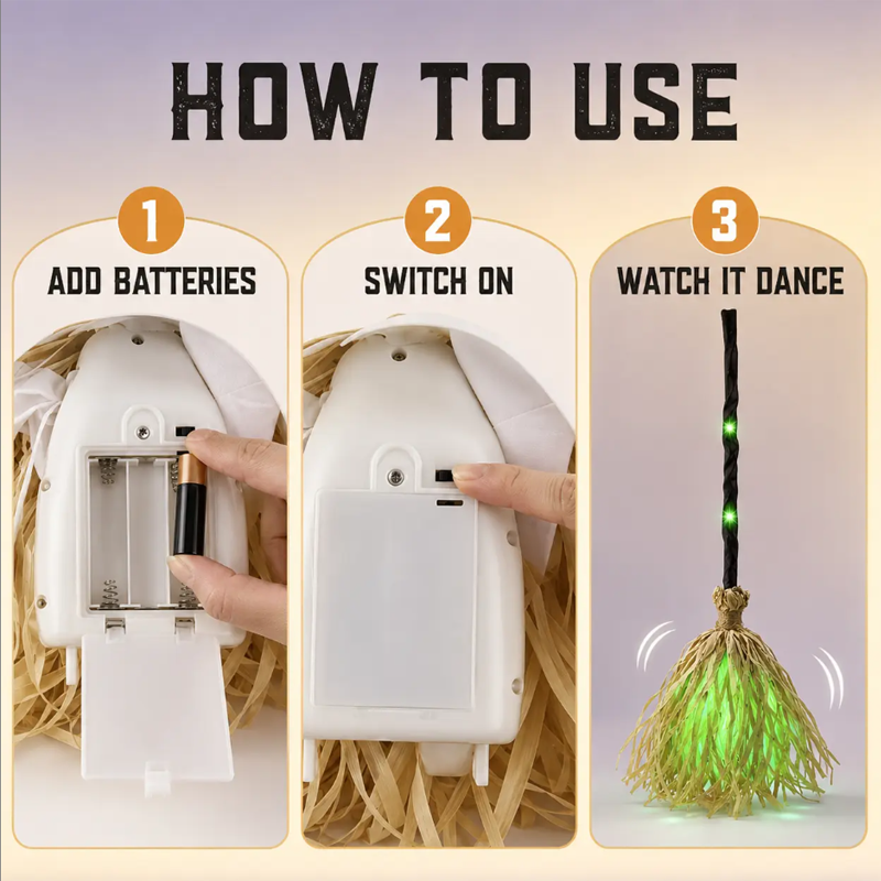 Animated Witch Broom 🧹, Self‑Moving Halloween Prop with LED Light & Spooky Sound for Party & Porch