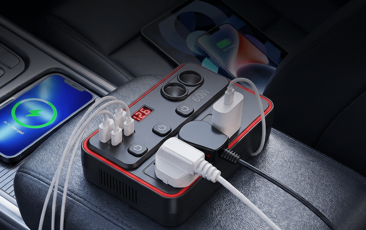 Multifunctional Car Charger With AC Outlets & USB