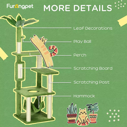 Cat Tree Tower—Scratching Post, Hammock, Ball, Platforms, Green