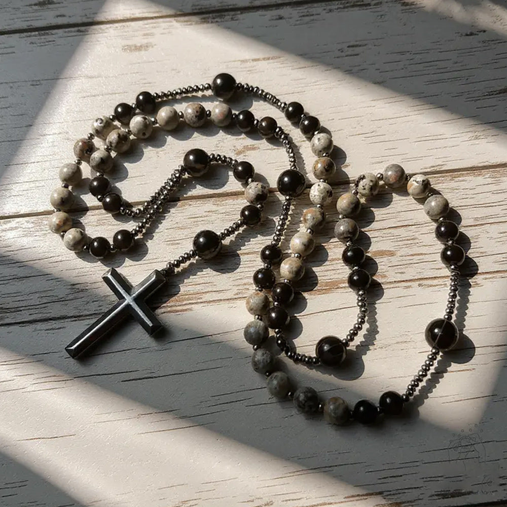 Natural Obsidian & Yooperlite Rosary Necklace