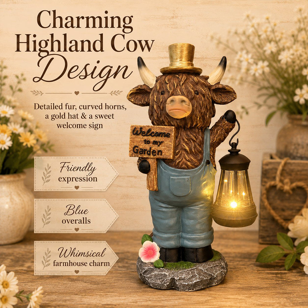 🐮 Highland Cow Solar Garden Lantern Statue