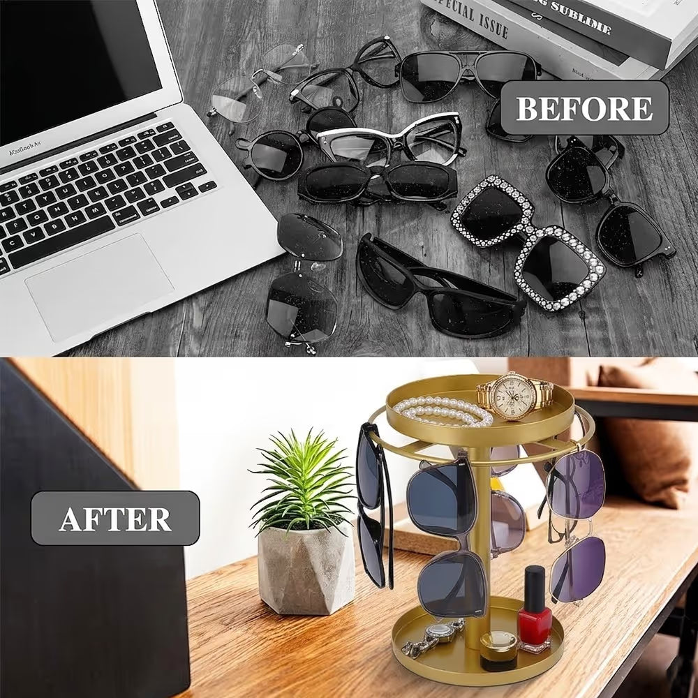 360° Rotating Sunglasses Organizer Stand — Eyewear Rack with Tray