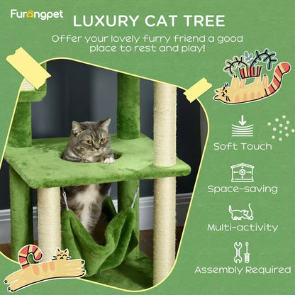 Cat Tree Tower—Scratching Post, Hammock, Ball, Platforms, Green