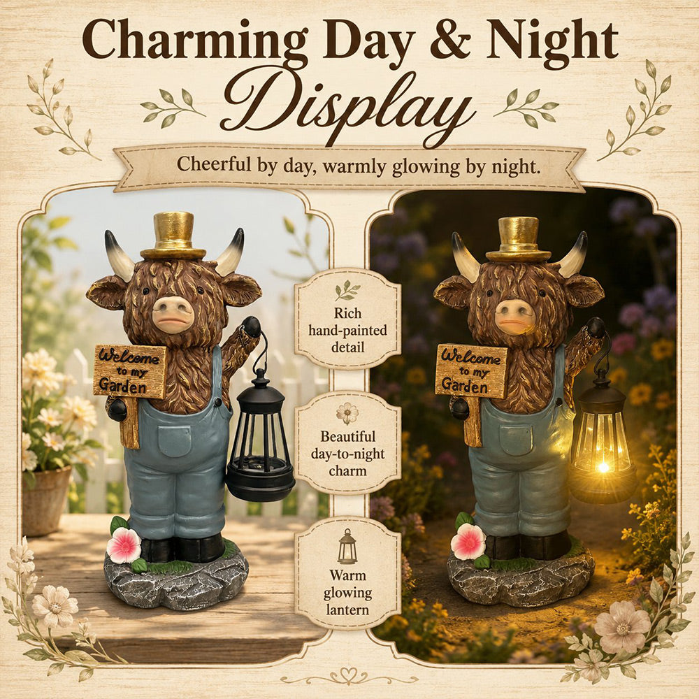 🐮 Highland Cow Solar Garden Lantern Statue