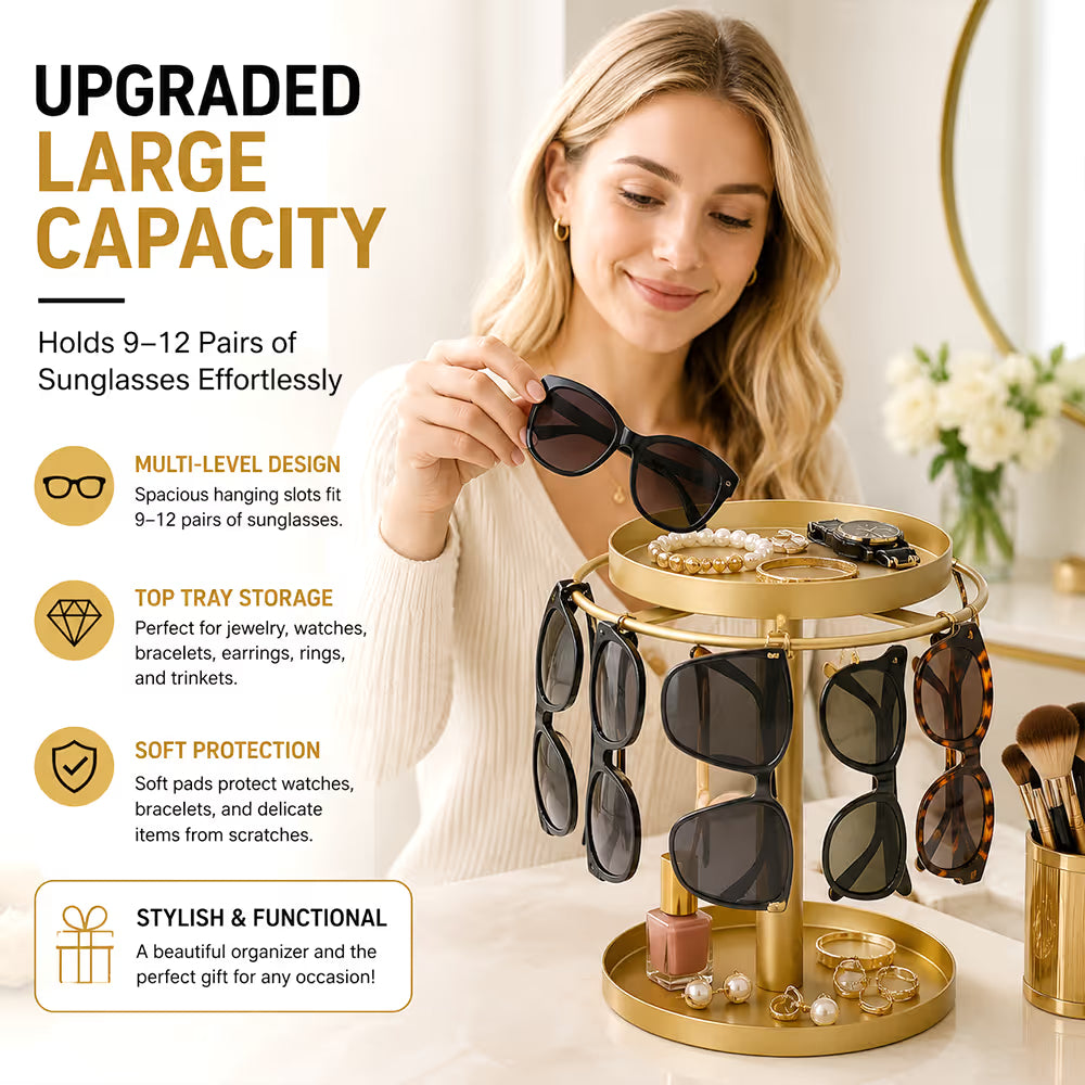 360° Rotating Sunglasses Organizer Stand — Eyewear Rack with Tray