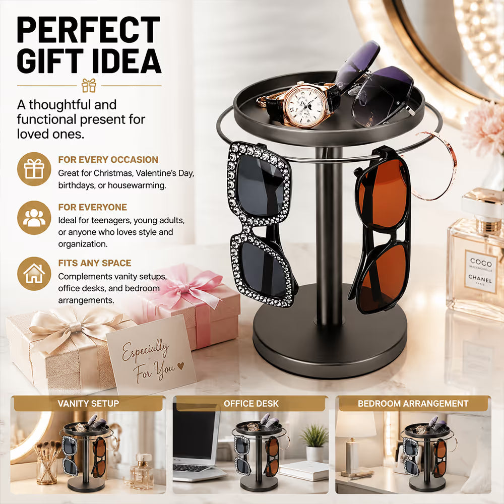 360° Rotating Sunglasses Organizer Stand — Eyewear Rack with Tray