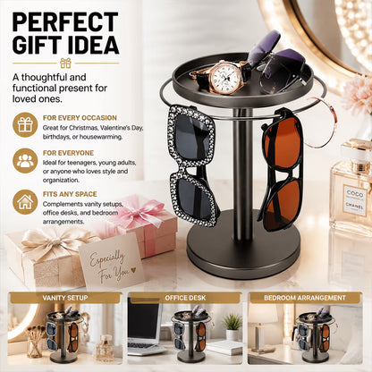 360° Rotating Sunglasses Organizer Stand — Eyewear Rack with Tray