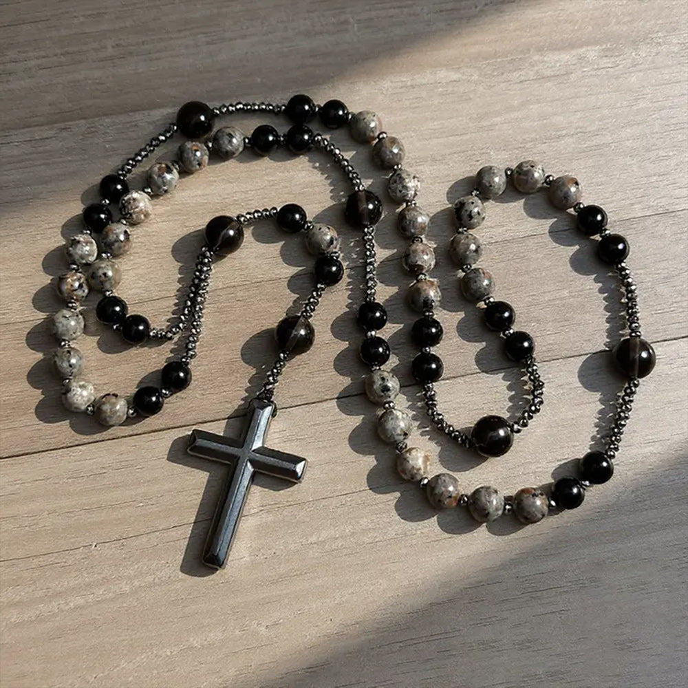 Natural Obsidian & Yooperlite Rosary Necklace