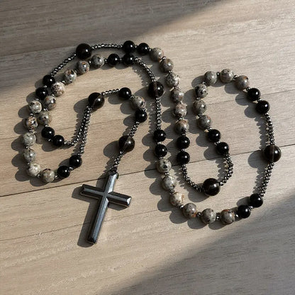 Natural Obsidian & Yooperlite Rosary Necklace