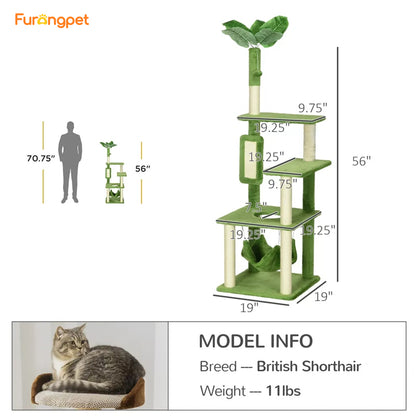 Cat Tree Tower—Scratching Post, Hammock, Ball, Platforms, Green