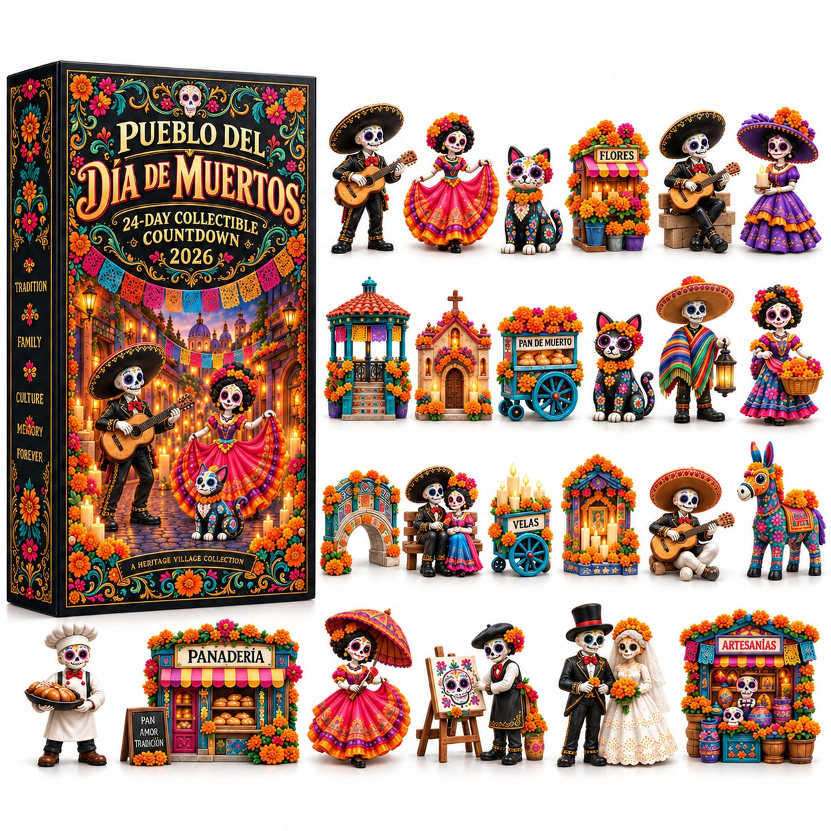 💀 Pueblo del Dia de Muertos 2026 – 24-Day Day of the Dead Collectible Countdown Calendar with 24 Unique Miniatures