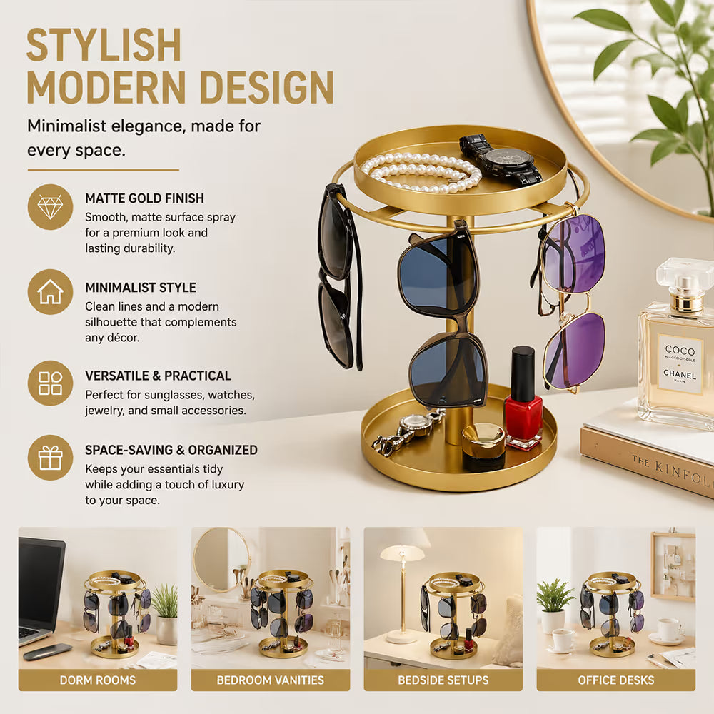 360° Rotating Sunglasses Organizer Stand — Eyewear Rack with Tray