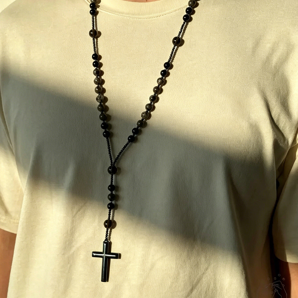 Natural Obsidian & Yooperlite Rosary Necklace