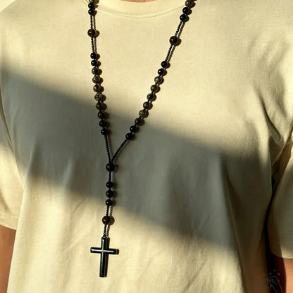 Natural Obsidian & Yooperlite Rosary Necklace