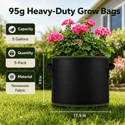 5-Pack 5-Gallon Reusable Fabric Grow Bags