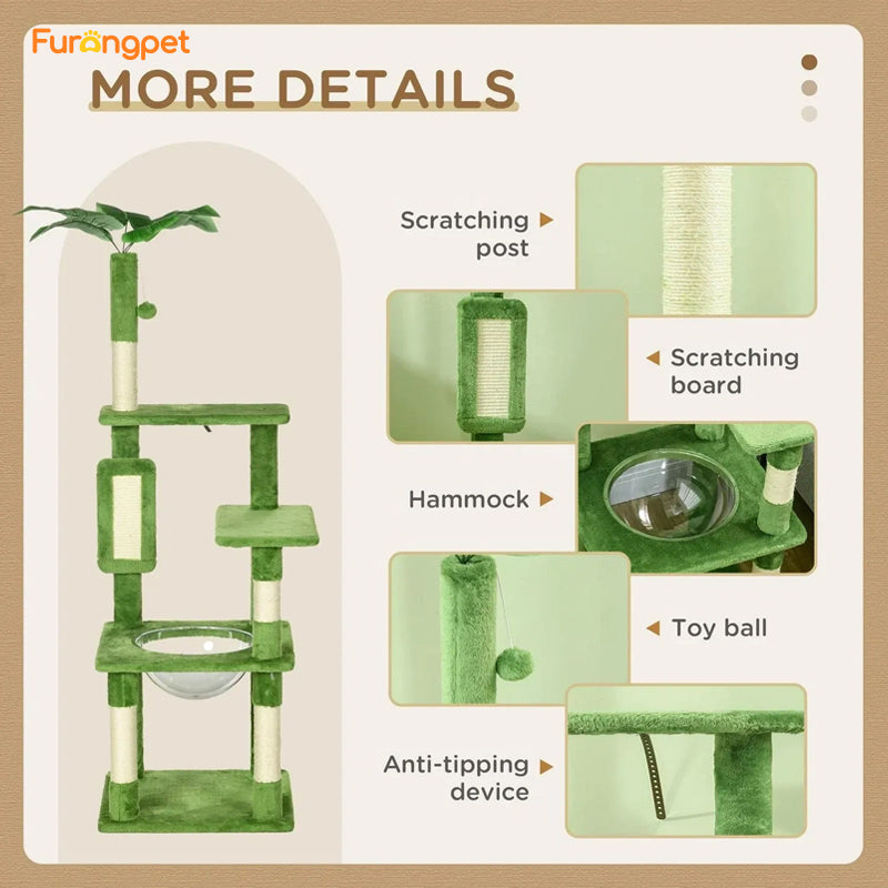 Cat Tree Tower—Scratching Post, Hammock, Ball, Platforms, Green