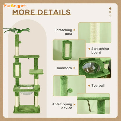 Cat Tree Tower—Scratching Post, Hammock, Ball, Platforms, Green