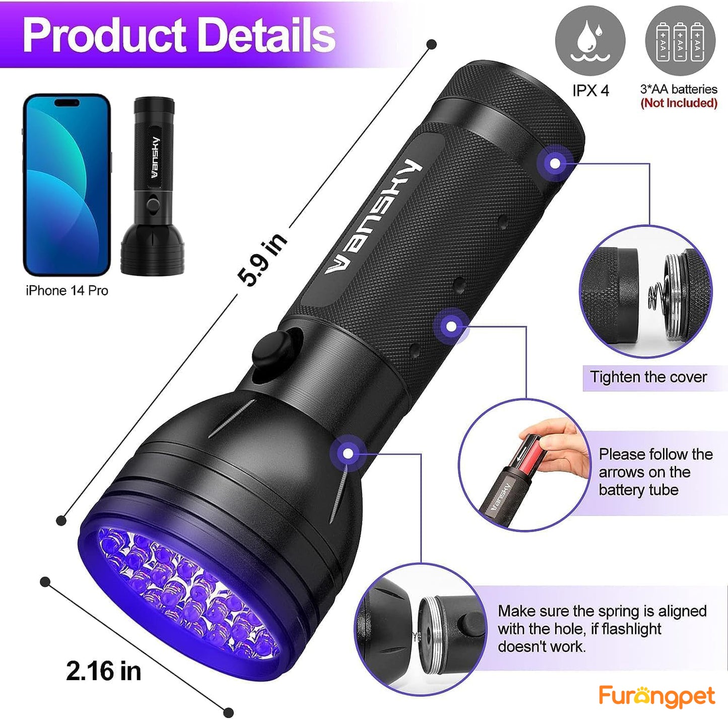 Furongpet™ 395nm UV Flashlight & Pet Urine Stain Detector