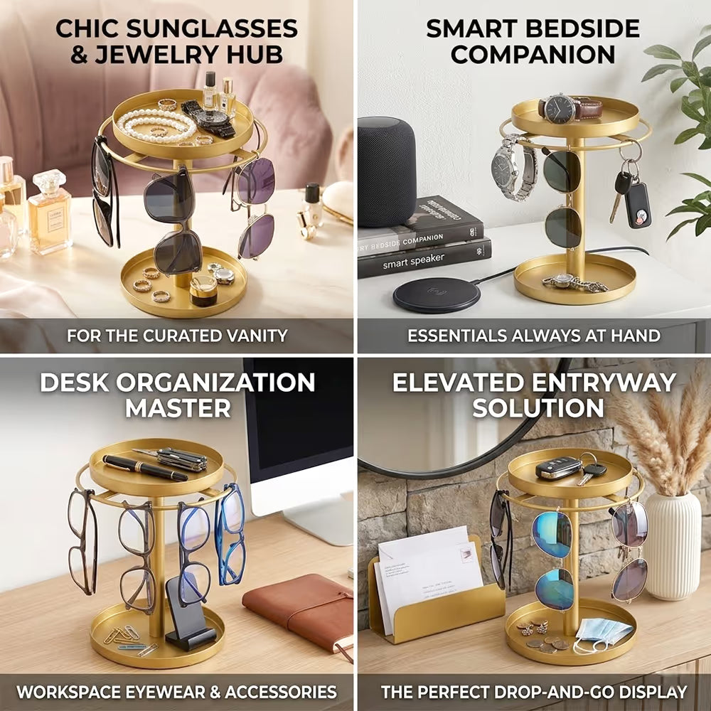 360° Rotating Sunglasses Organizer Stand — Eyewear Rack with Tray