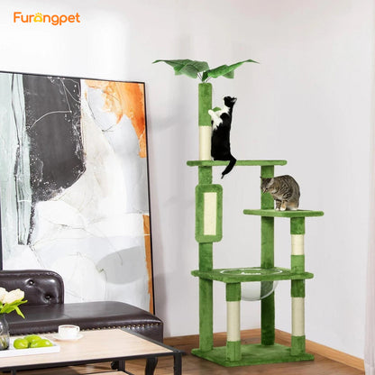 Cat Tree Tower—Scratching Post, Hammock, Ball, Platforms, Green