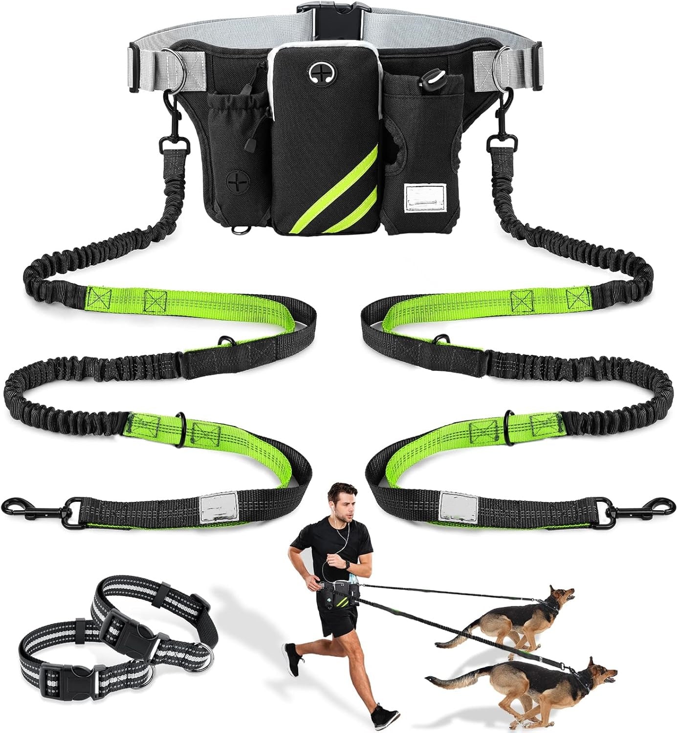 Retractable Hands Free Dog Leash with Dual Bungees for 2 Dogs
