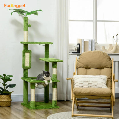 Cat Tree Tower—Scratching Post, Hammock, Ball, Platforms, Green