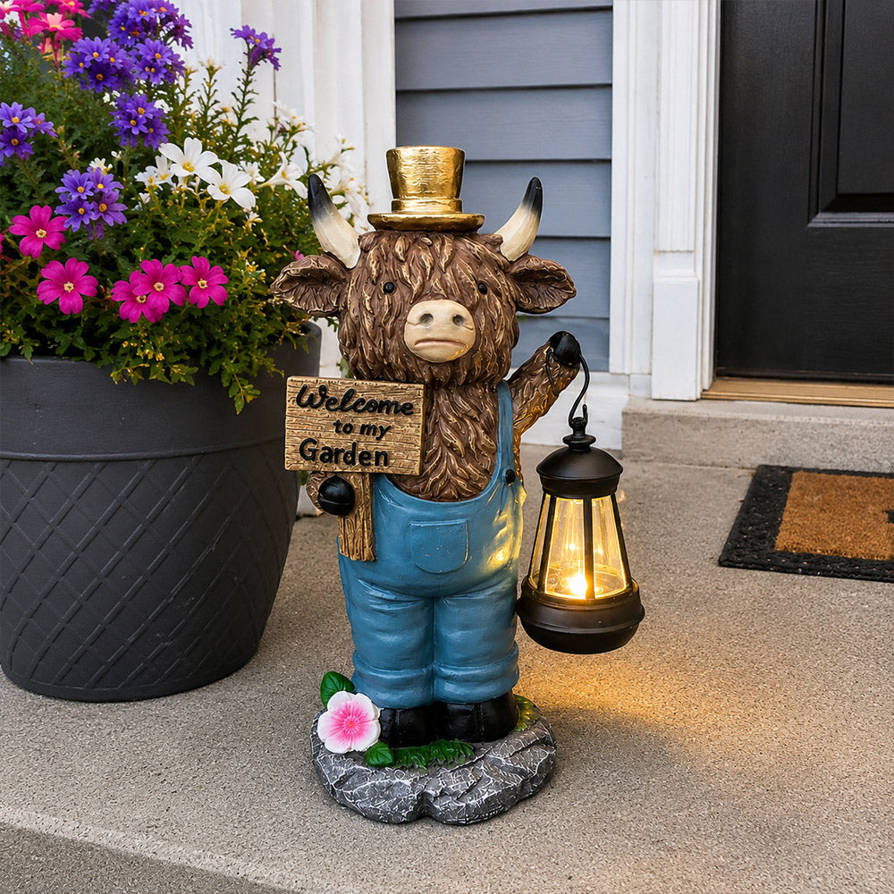 🐮 Highland Cow Solar Garden Lantern Statue