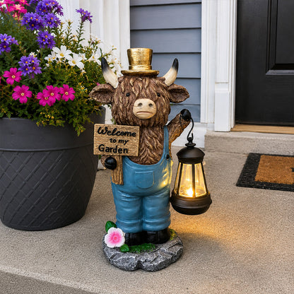🐮 Highland Cow Solar Garden Lantern Statue