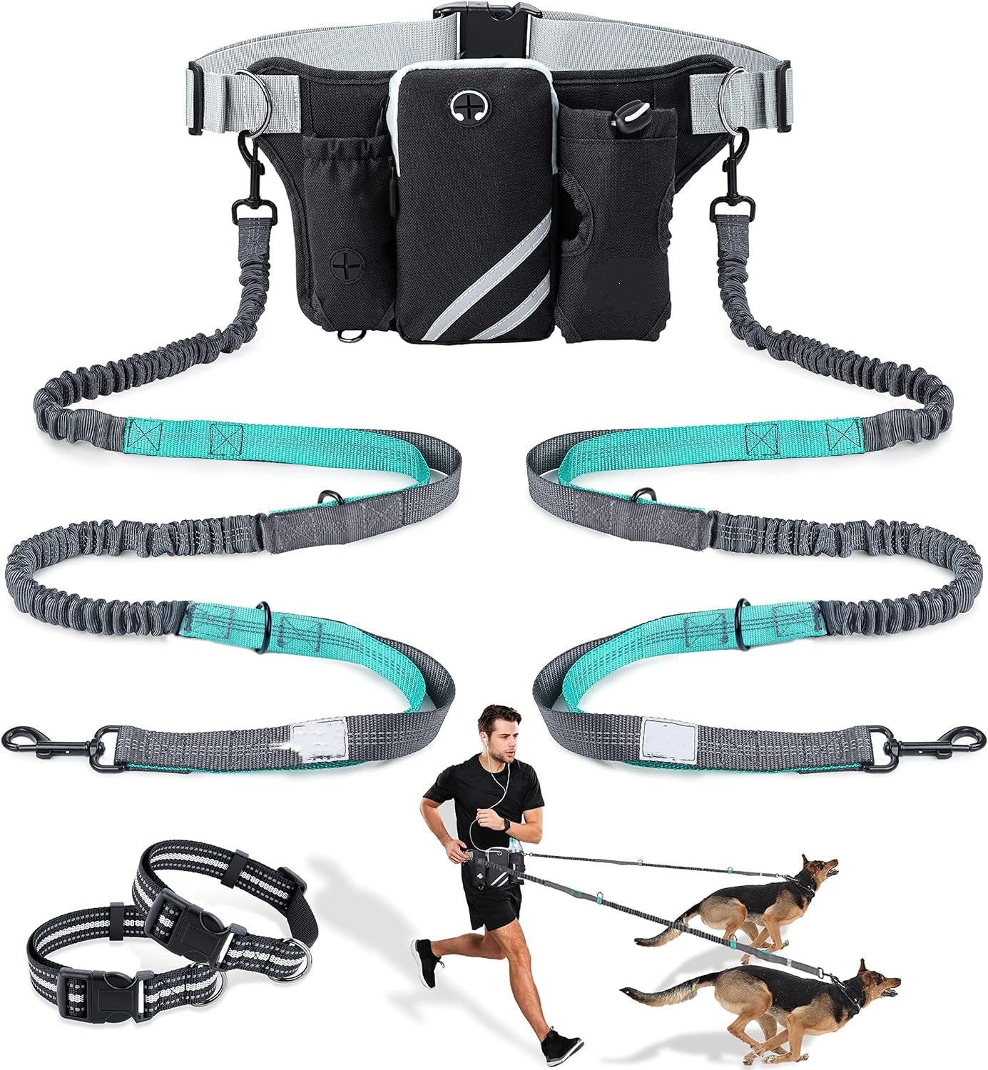 Retractable Hands Free Dog Leash with Dual Bungees for 2 Dogs
