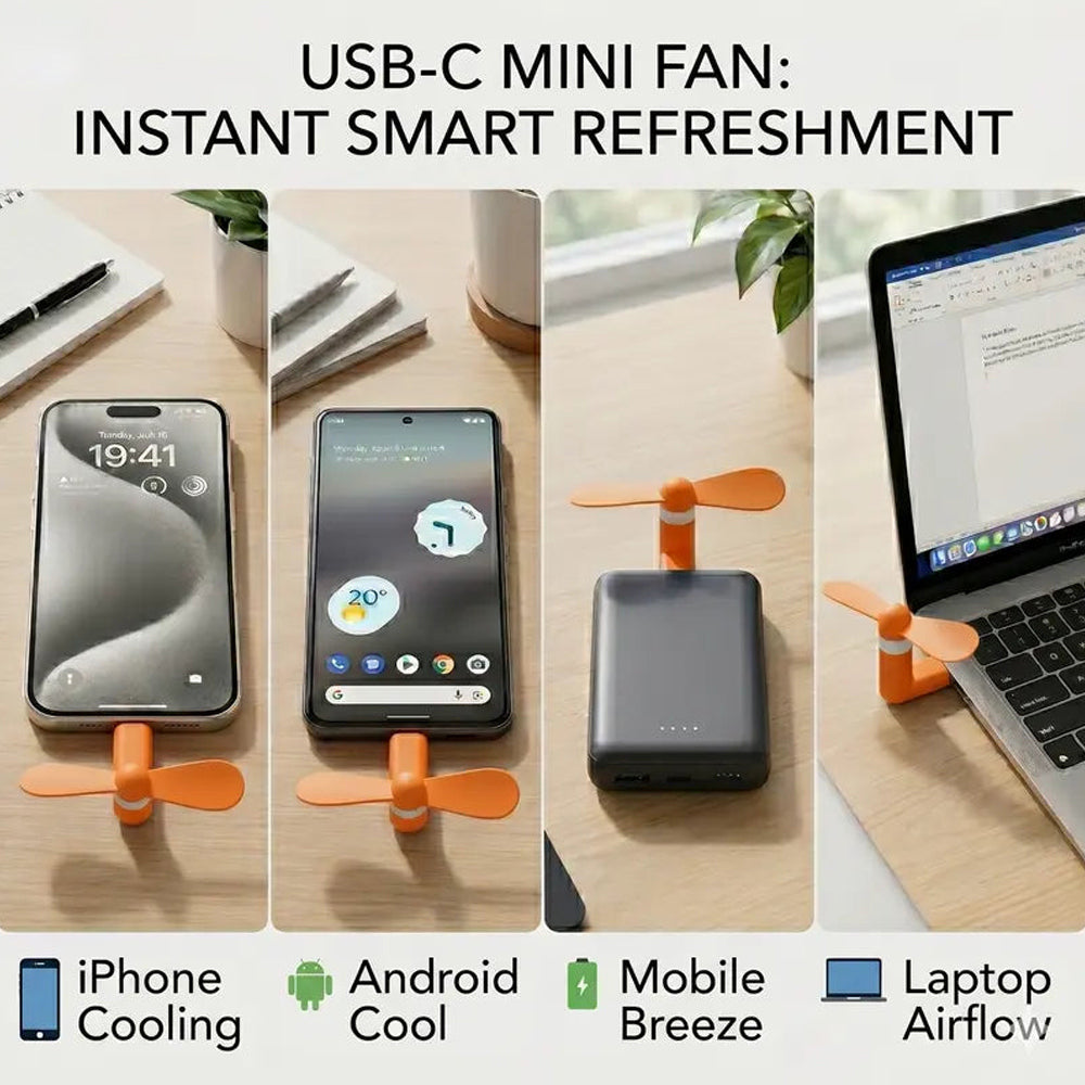 3-in-1 Mini Plug-in Phone Fan-Lightning, Type-C & Micro USB