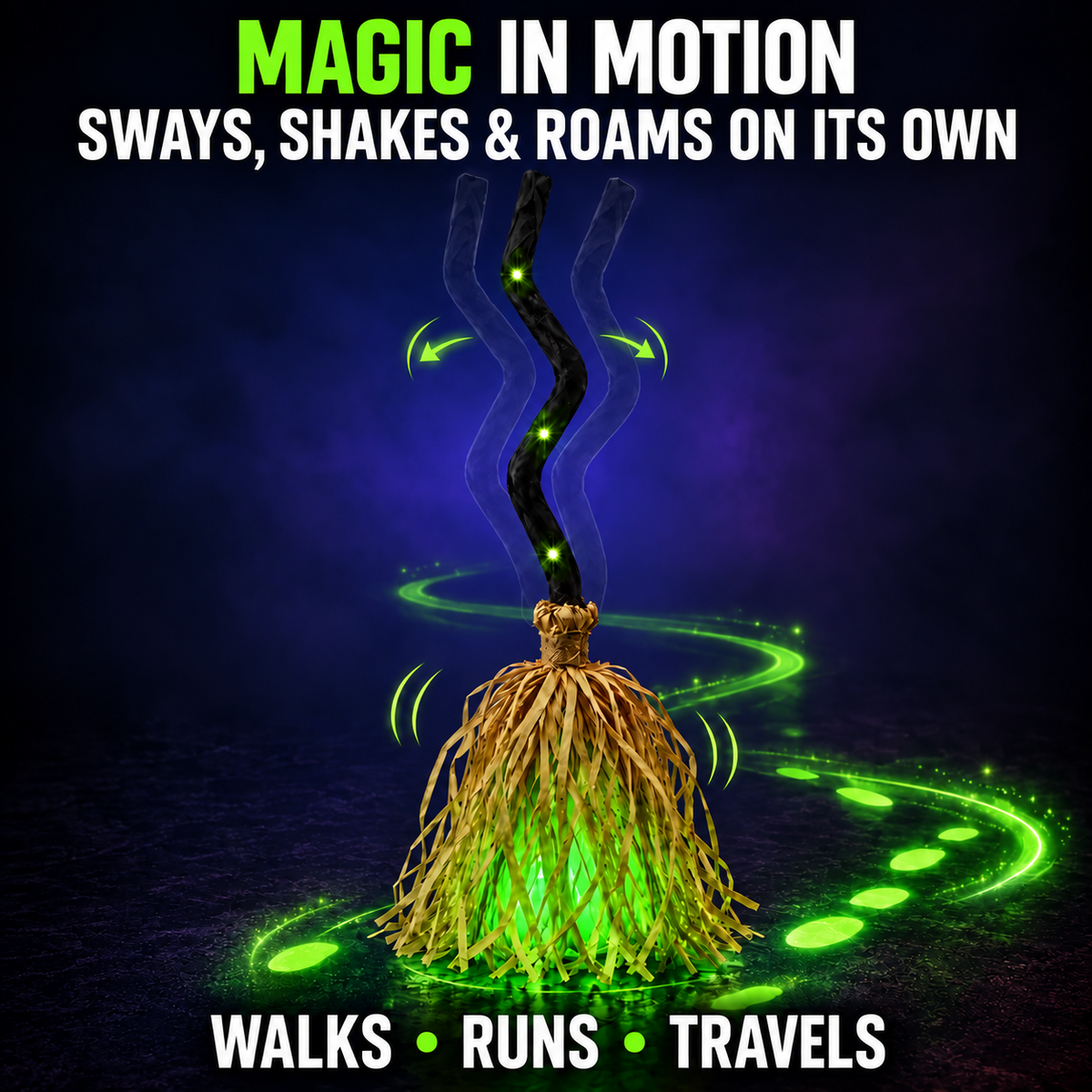 Animated Witch Broom 🧹, Self‑Moving Halloween Prop with LED Light & Spooky Sound for Party & Porch