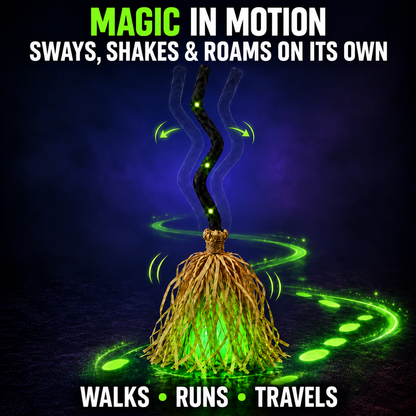 Animated Witch Broom 🧹, Self‑Moving Halloween Prop with LED Light & Spooky Sound for Party & Porch