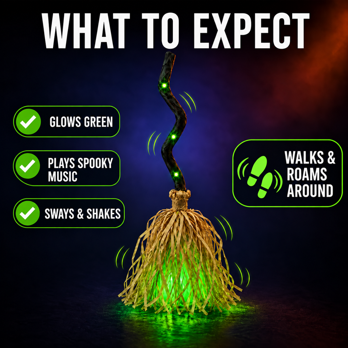 Animated Witch Broom 🧹, Self‑Moving Halloween Prop with LED Light & Spooky Sound for Party & Porch
