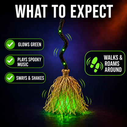 Animated Witch Broom 🧹, Self‑Moving Halloween Prop with LED Light & Spooky Sound for Party & Porch