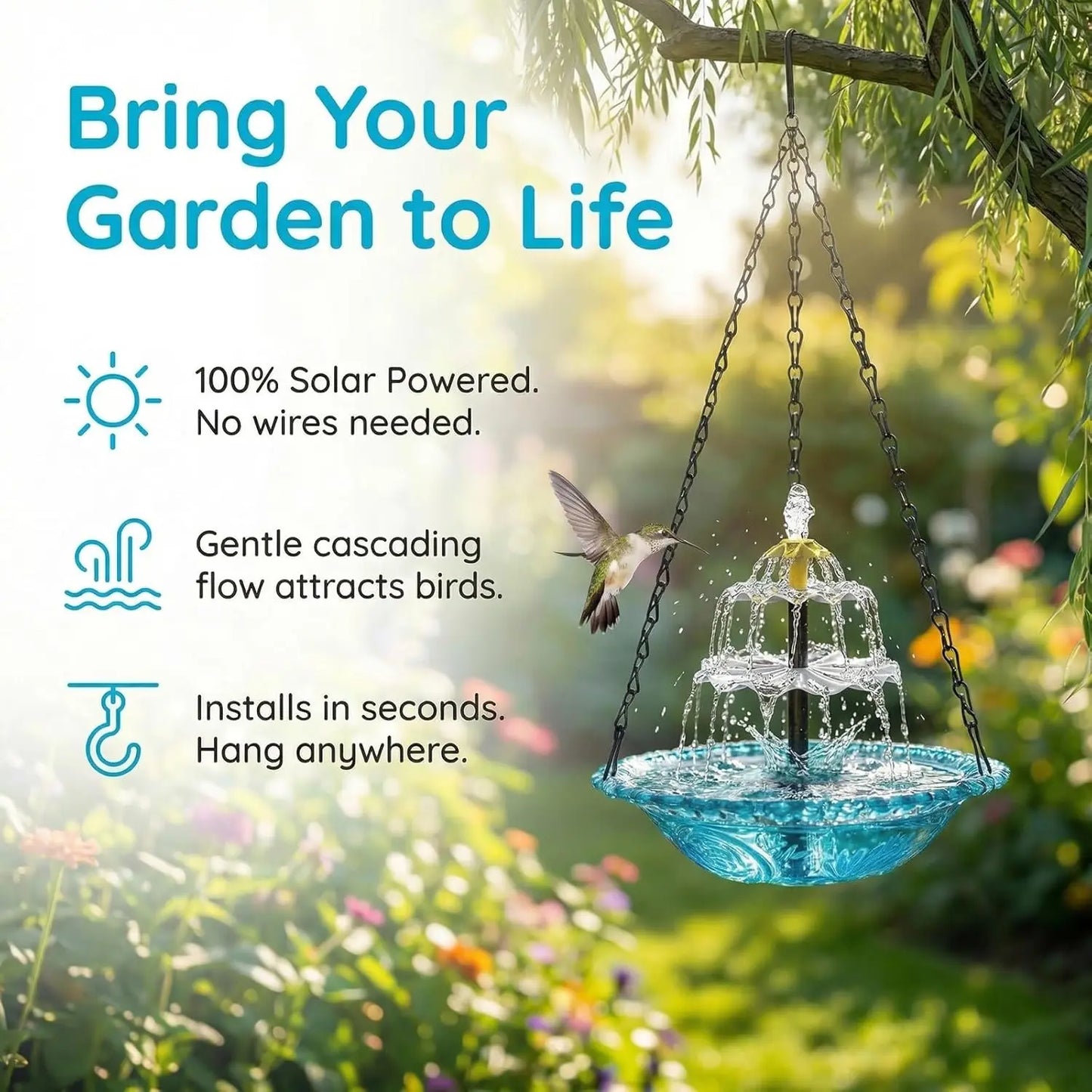 Solar Waterfall Hanging Bird Bath Fountain