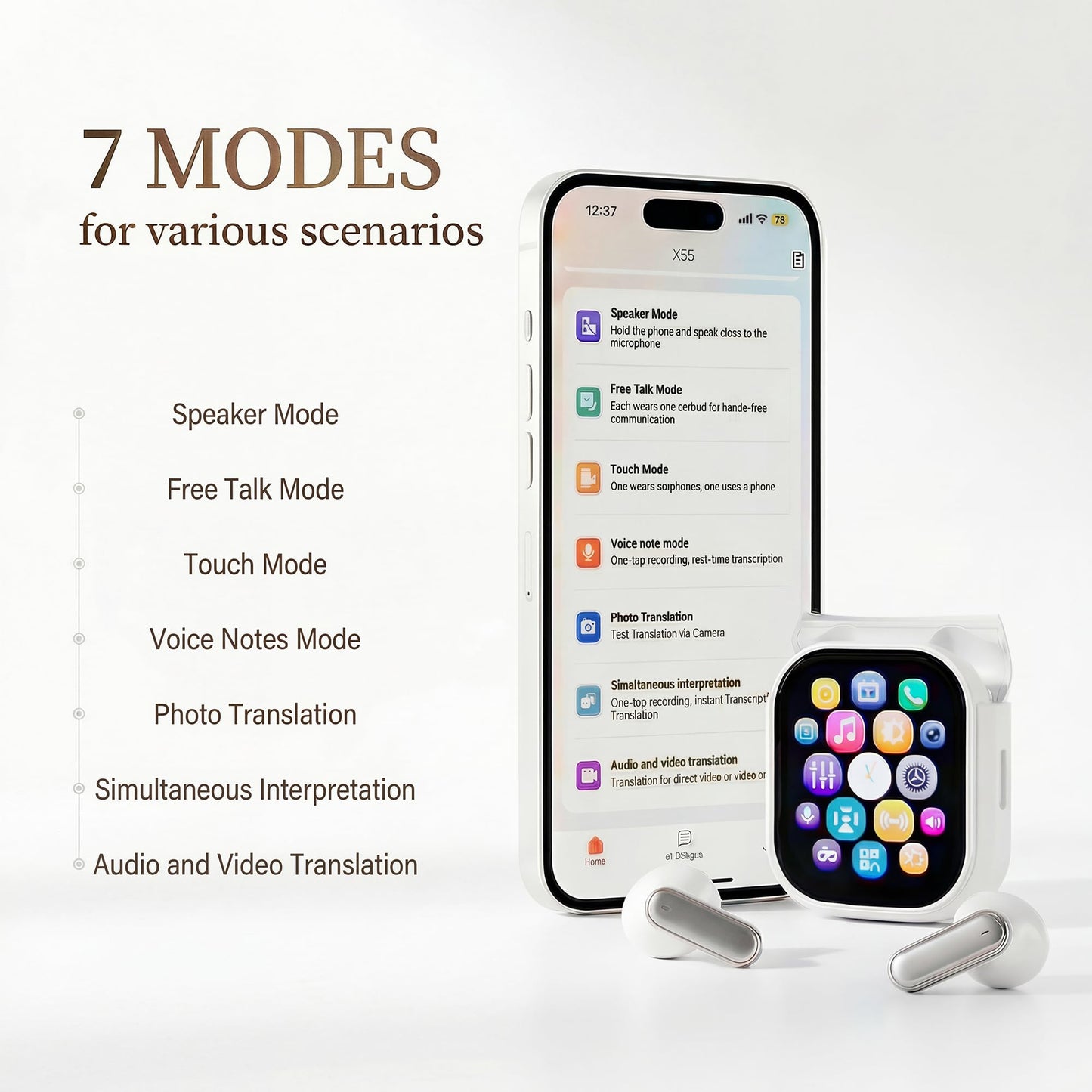 Bluetooth Hi-Fi ANC Headphones LED Touch Screen AI Translator