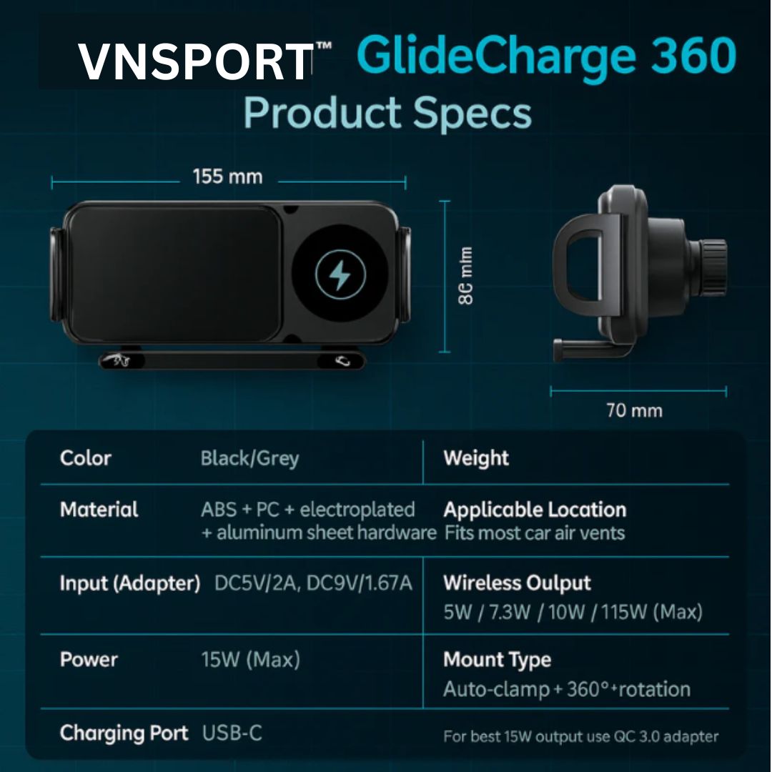 VNSPORT 360° Rotating 15W Wireless Car Charger Mount