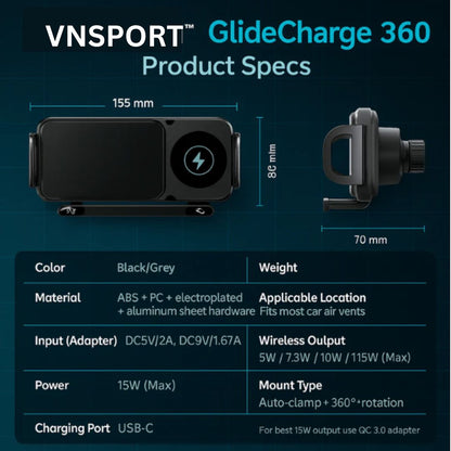 VNSPORT 360° Rotating 15W Wireless Car Charger Mount