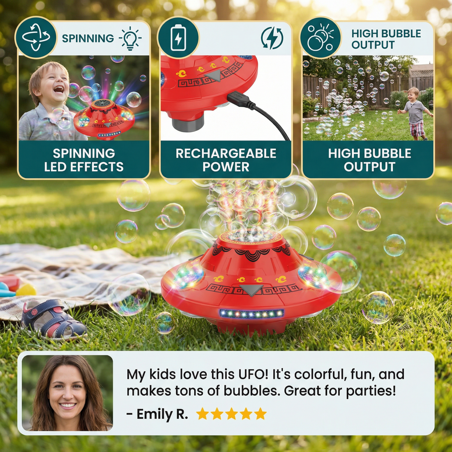 LED Spinning UFO Bubble Blaster Rechargeable Kids Toy