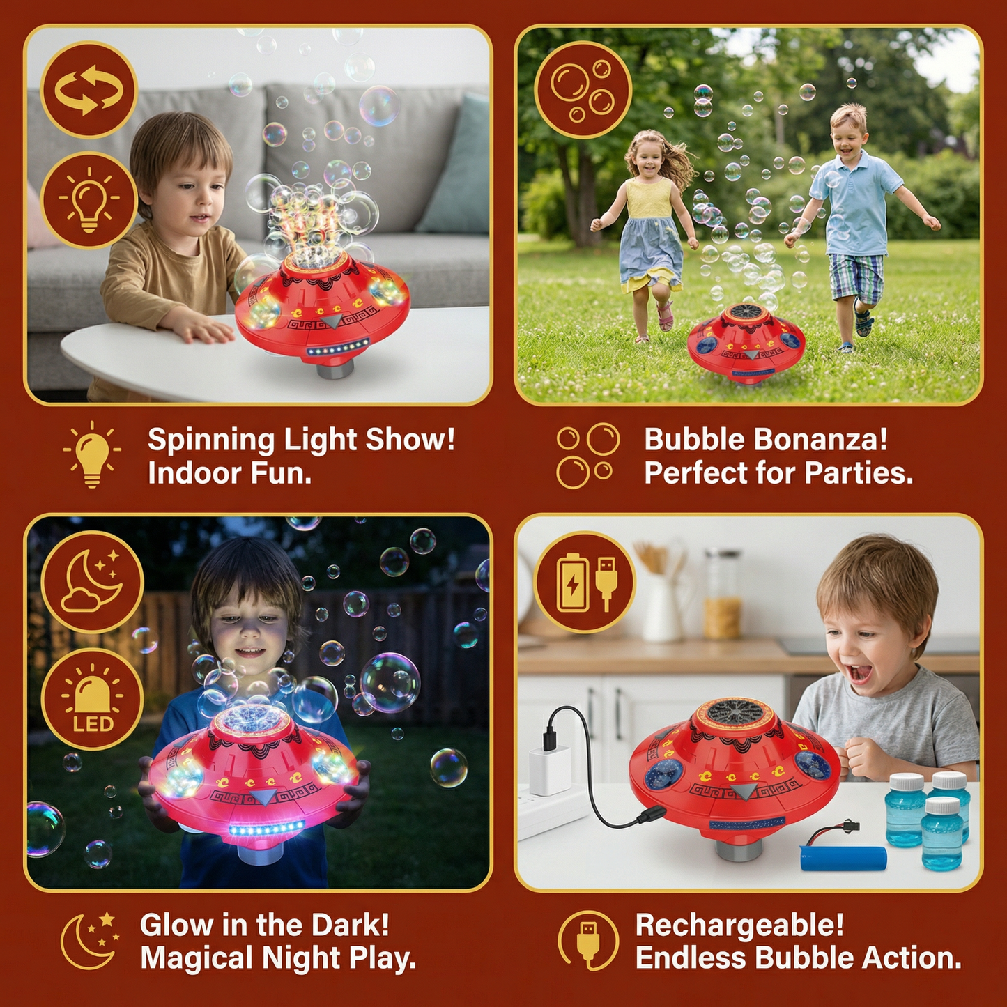 LED Spinning UFO Bubble Blaster Rechargeable Kids Toy