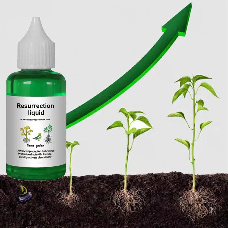 Resurrection liquid plant growth solution bottle with sprouting plants and upward green arrow