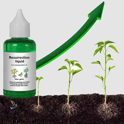 Resurrection liquid plant growth solution bottle with sprouting plants and upward green arrow