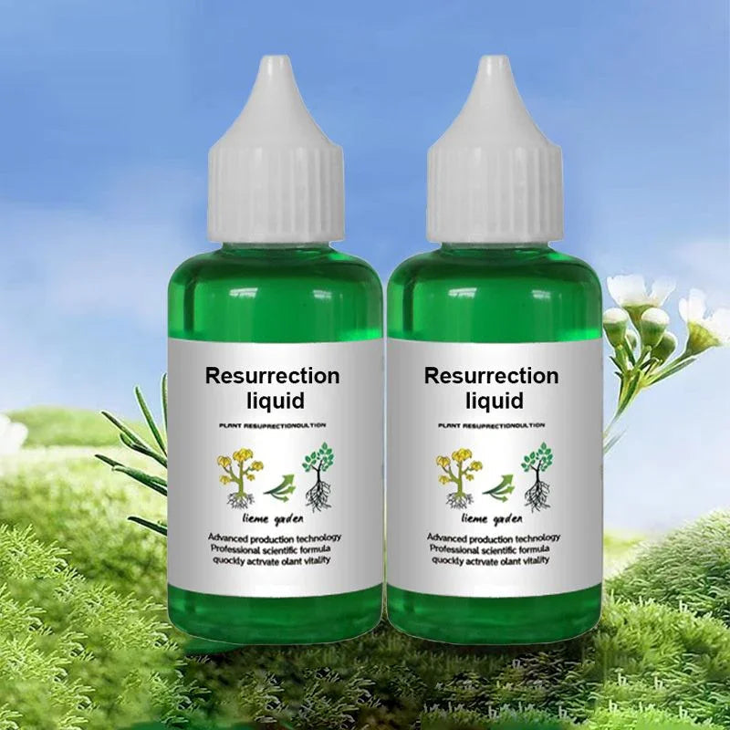 Two bottles of plant resurrection liquid on grass, ideal for plant vitality, outdoors